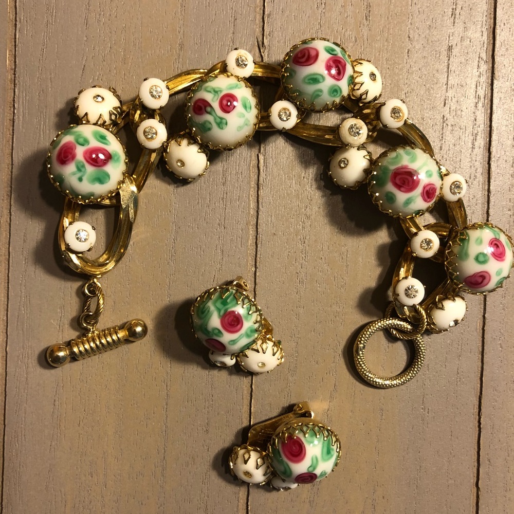 Vintage Hand Painted Earrings & Bracelet